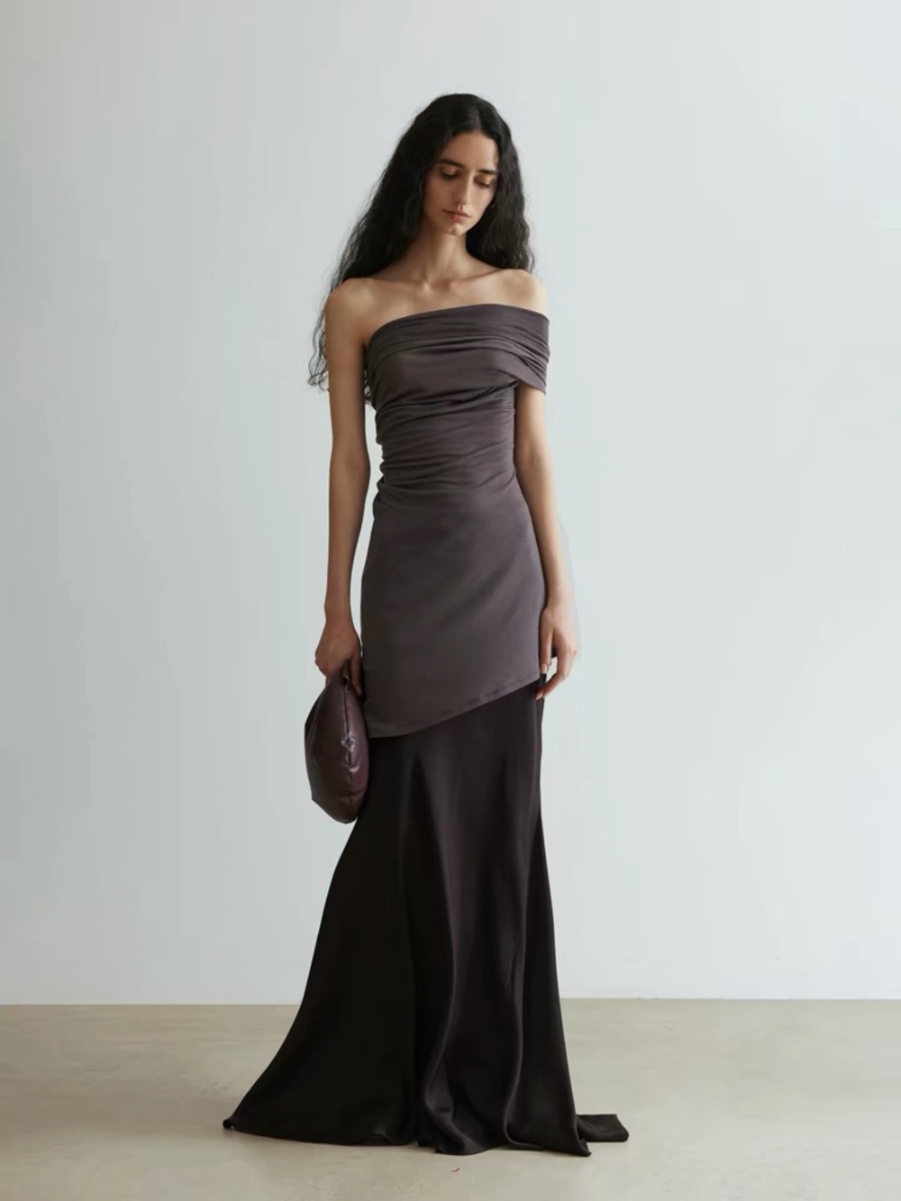 One-Shoulder Ruched Asymmetric Top in Dark Brown